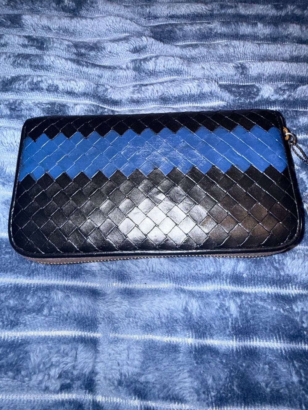 Bottega Veneta Intrecciato Leather Zip Around Wallet Black Blue Stripe